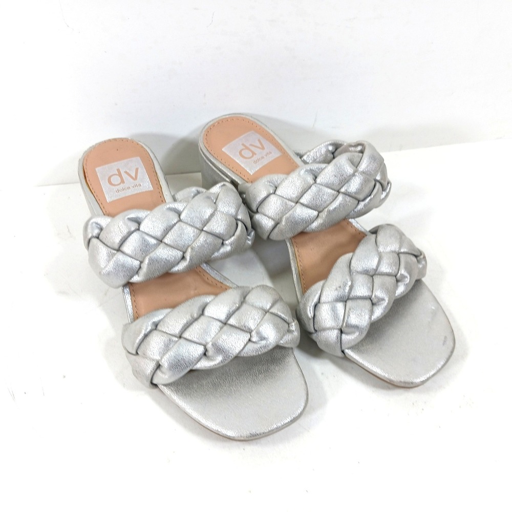 DV Dolce Vita Stacey Silver Braided Block Heel Slide Sandals Womens 6.5